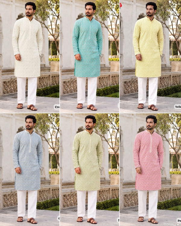 Designer Chikan Schiffli Kurta with Pyjama for Men