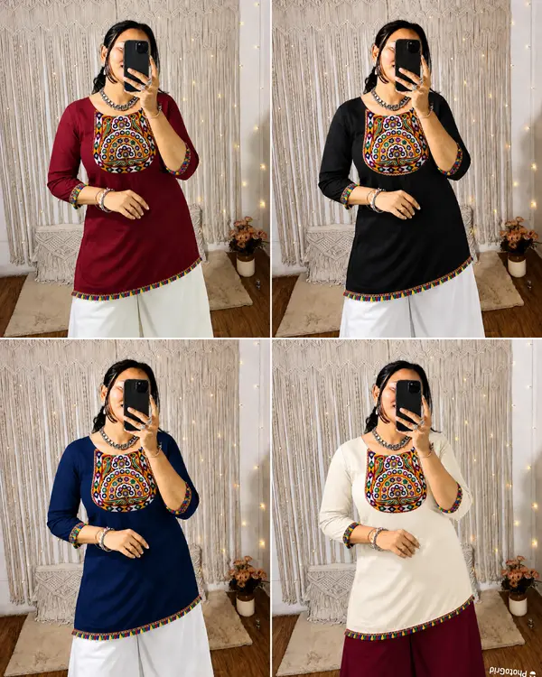 Women's Gamthi Embroidery Short Rayon Kurti with Real Mirror Work | Festive Navratri Top | Ethnic Short Kurti