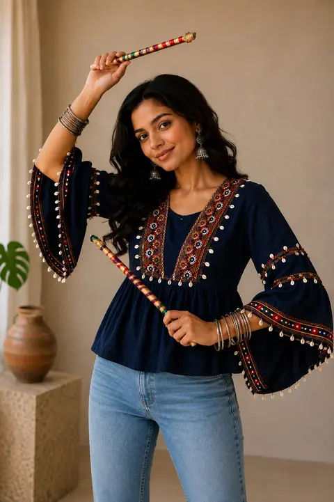 Navratri Special Gamthi Work Short Kurti with Bell Sleeves 2