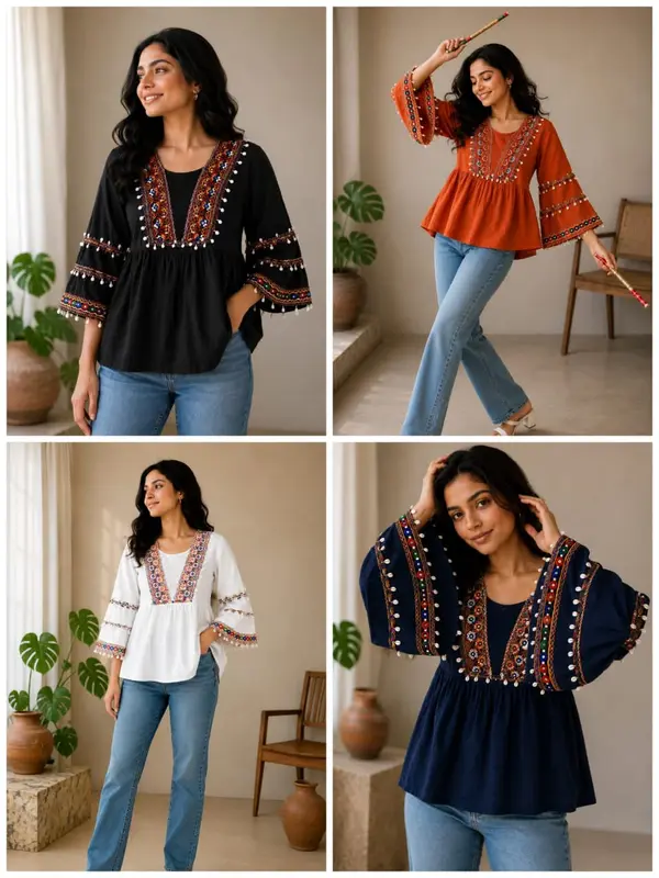 Navratri Special Gamthi Work Short Kurti with Bell Sleeves