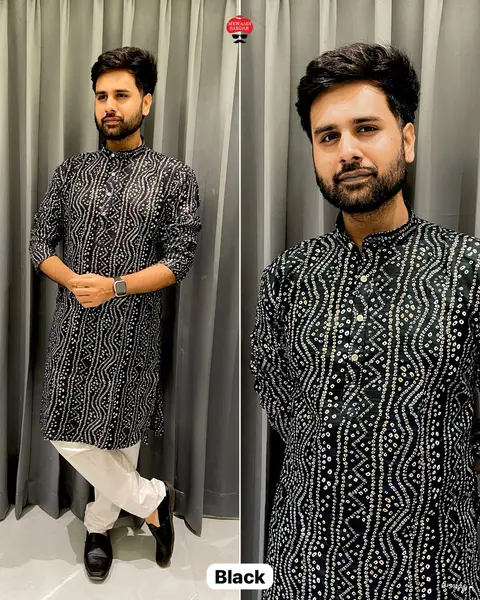 Festive Wear Bandhani Kurtapajama for Men in Cotton Fabric 1