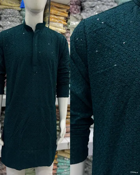 Men’s Chikan Work Kurta With Sequins in Heavy Rayon Fabric 2
