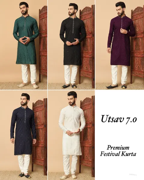 Men’s Premium Silk Kurta with Embroidery Patti & Sequins 1