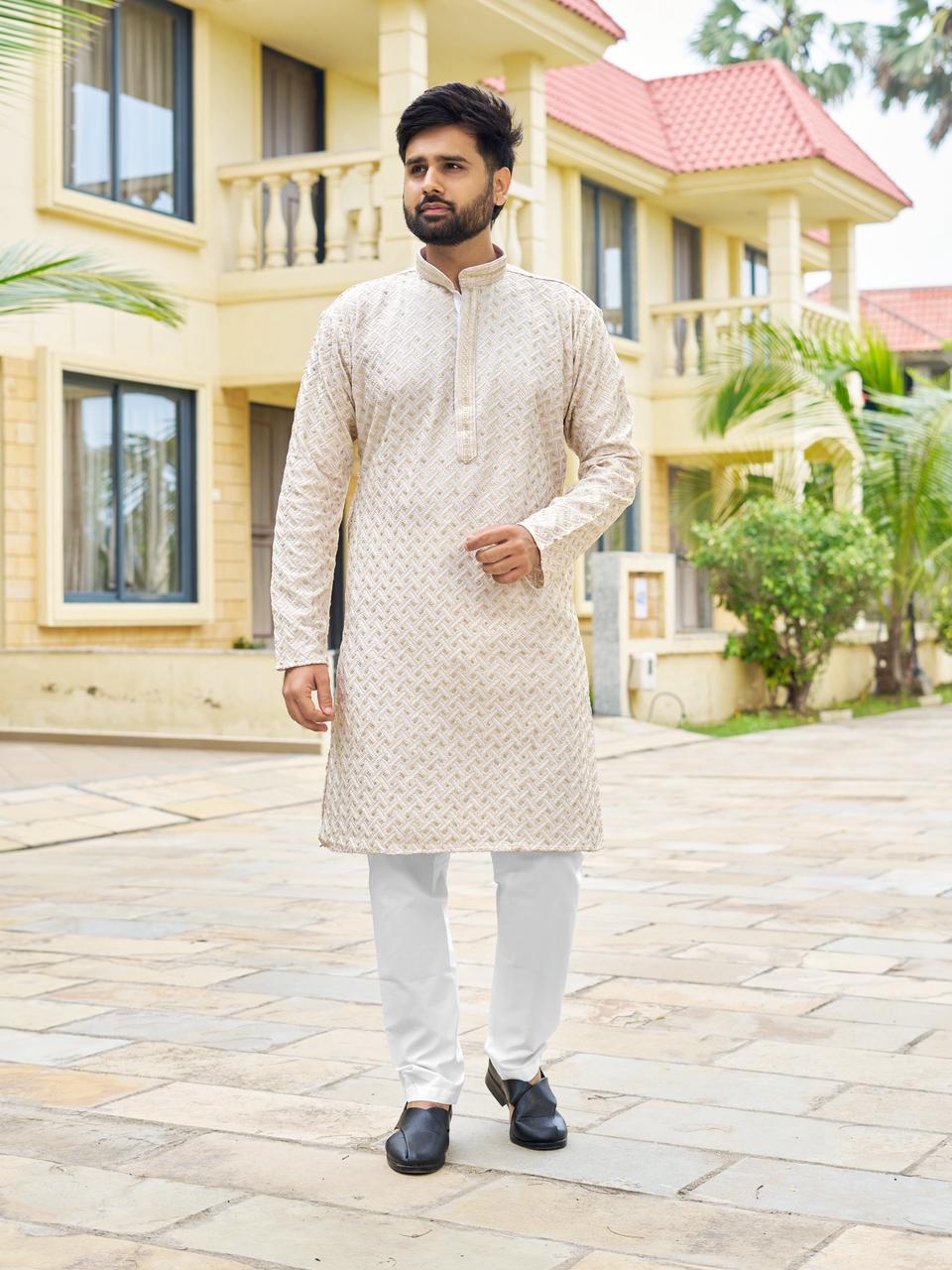 White Designer Men’s Rayon Kurta Pyjama for Festivals & Functions 1