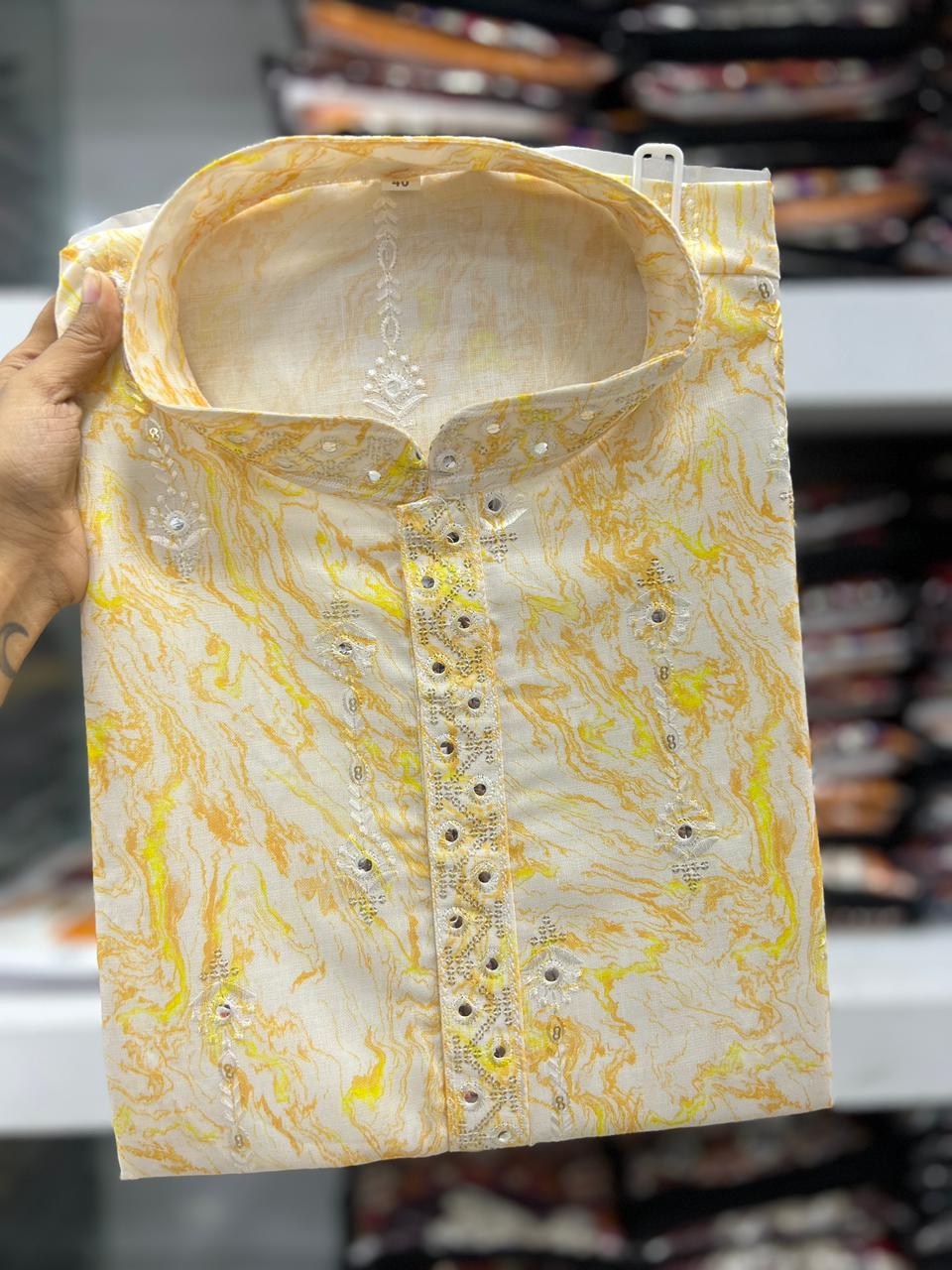 Men’s Festive Linen Cotton Kurta pajama with Embroidery Work 1