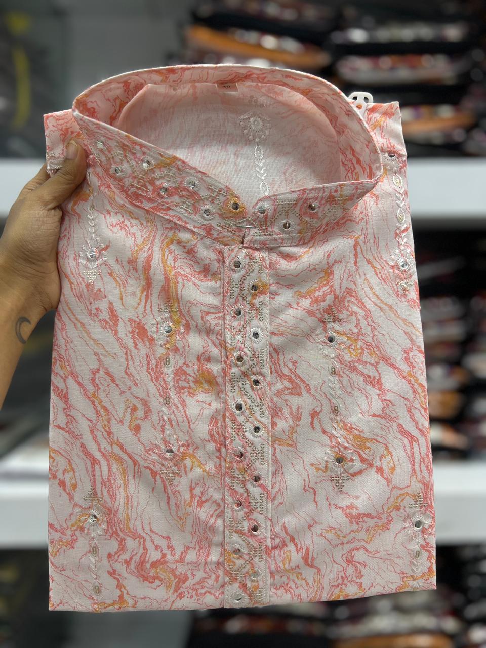 Premium Linen Cotton Kurta pyjama with Sequins Work 1