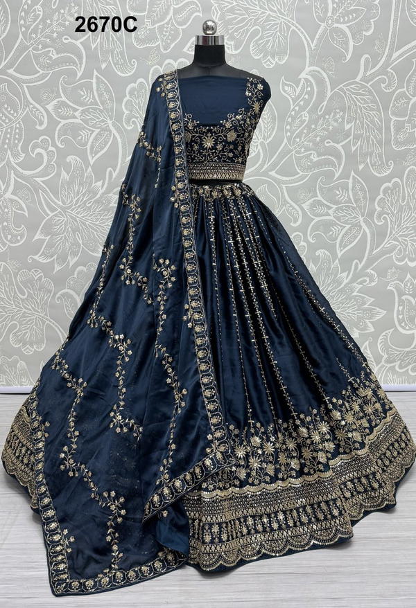 D.NO. 2670A TO 2670C BY ANJANI ART SATIN CHIFFON LEHENGA CHOLI WHOLESALER IN INDIA
