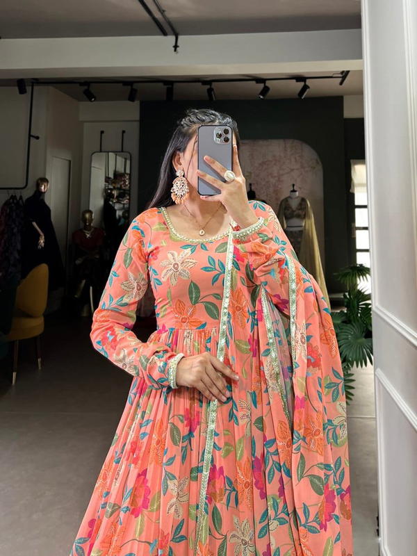 LNB 5010 PEACH DESIGNER GEORGETTE GOWN WHOLESALER IN SURAT