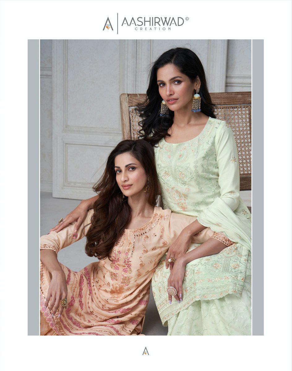 SERIES 9871 TO 9874 BY AASHIRWAD CREATION CHINON SILK SALWAR KAMEEZ WHOLESALER IN INDIA 1