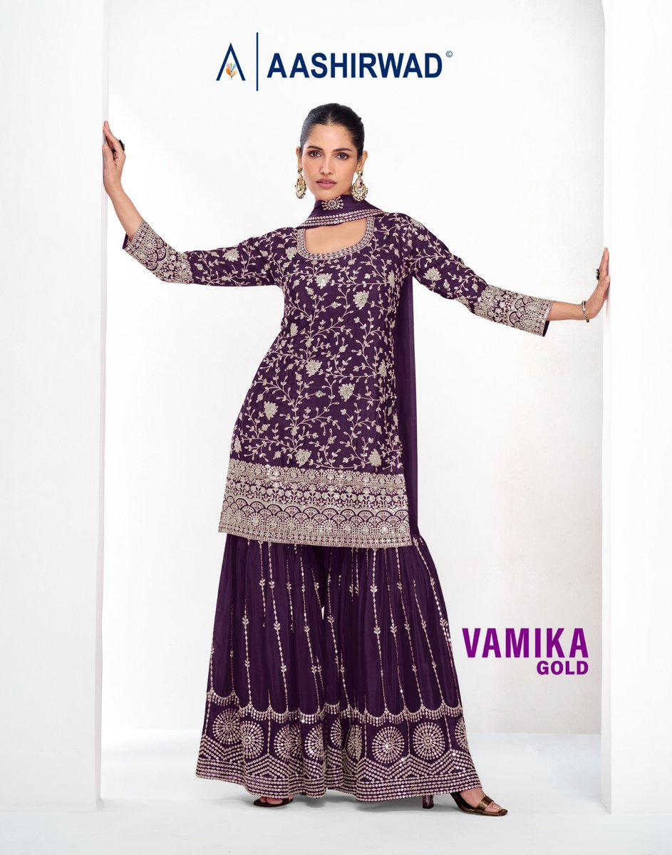 AASHIRWAD VAMIKA GOLD 10109 TO 10113 DESIGNER CHINON SALWAR SUIT WHOLESALER IN INDIA 1