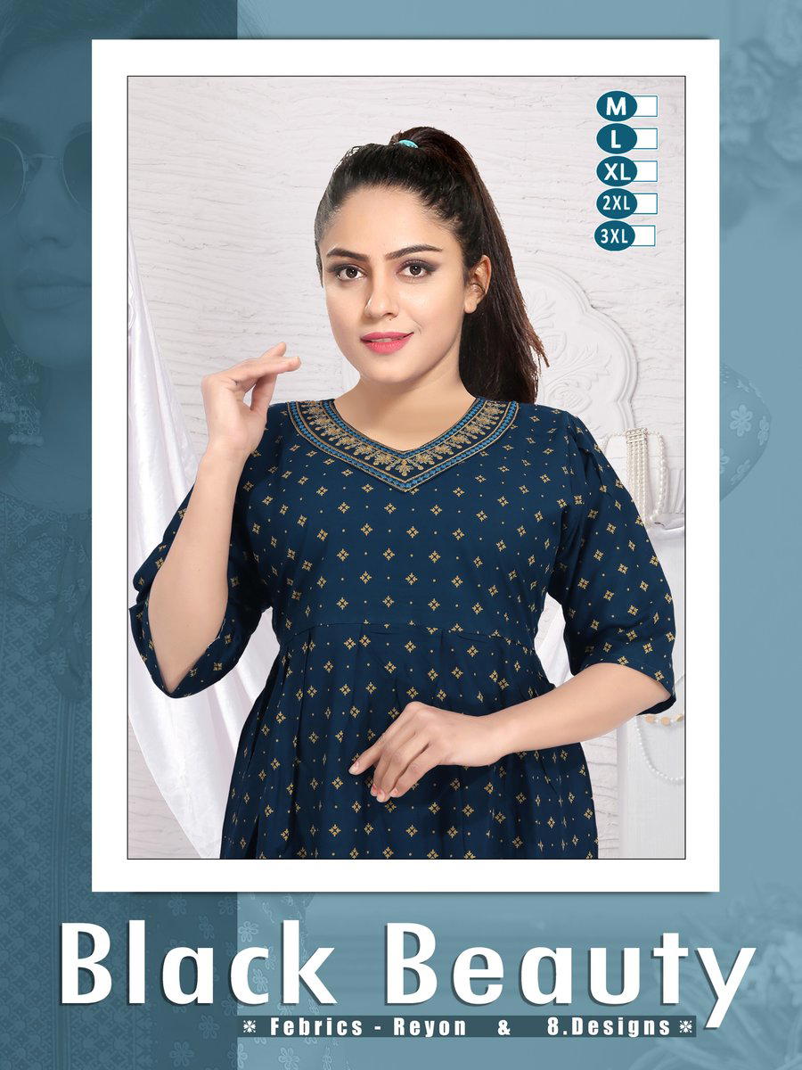 BLACK BEAUTY BY FT DESIGNER RAYON PRINT KURTIS WHOLESALER IN INDIA 1