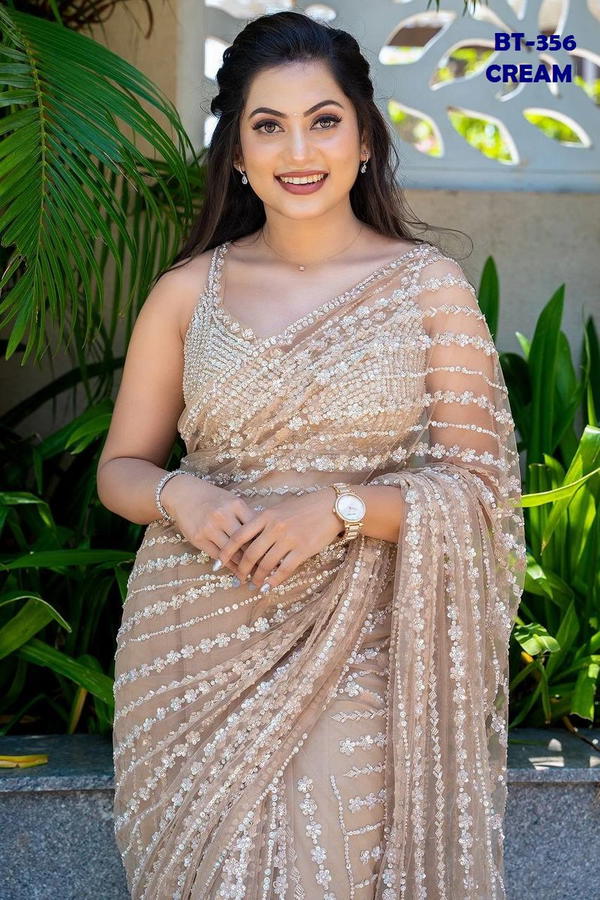 D.NO. BT-356 CREAM BY BT BUTTERFLY NET SAREE MANUFACTURER IN INDIA