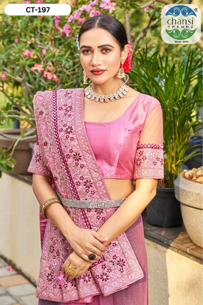 CHANSI TRENDZ CT-197 DESIGNER NET EMBROIDERY AND DIAMOND WORK SAREE WHOLESALER IN INDIA 1