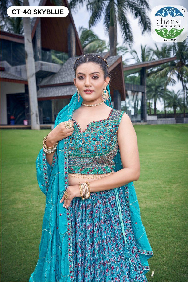 CHANSI TRENDZ CT-40 SKYBLUE & CT-41 WINE DESIGNER CHINON LEHENGA CHOLI WHOLESALER IN INDIA 1