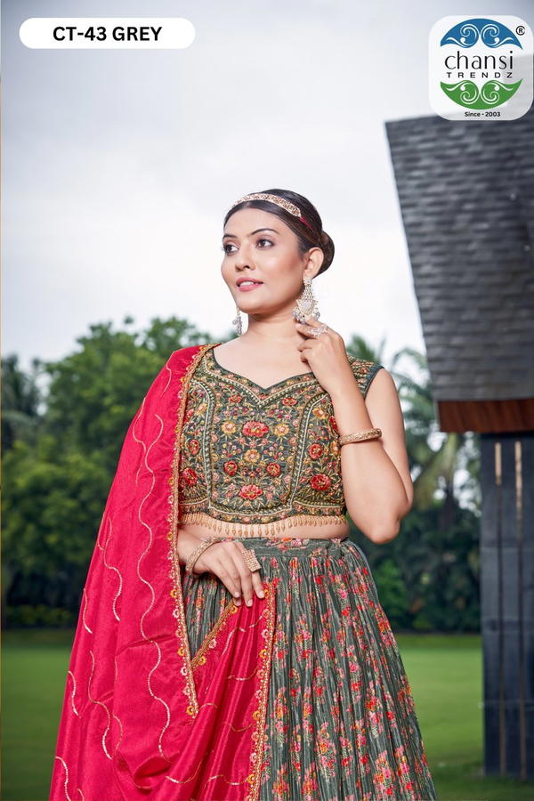 CHANSI TRENDZ CT-43 GREY DESIGNER CHINON LEHENGA CHOLI WHOLESALER IN INDIA