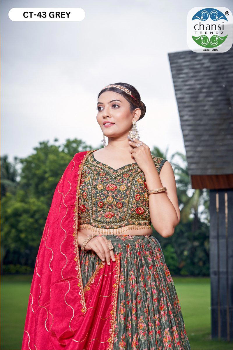 CHANSI TRENDZ CT-43 GREY DESIGNER CHINON LEHENGA CHOLI WHOLESALER IN INDIA 1