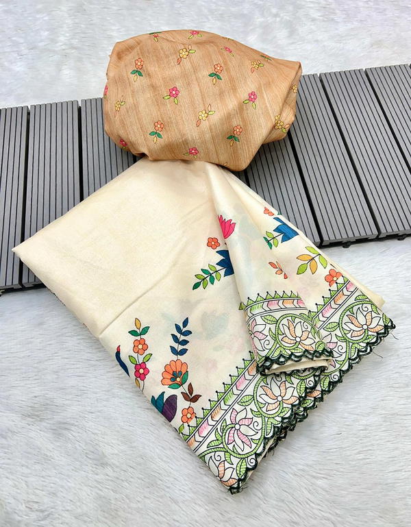 WHITE KOREAN BY RATI SILK DESIGNER SILK SAREE WHOLESALER IN SURAT