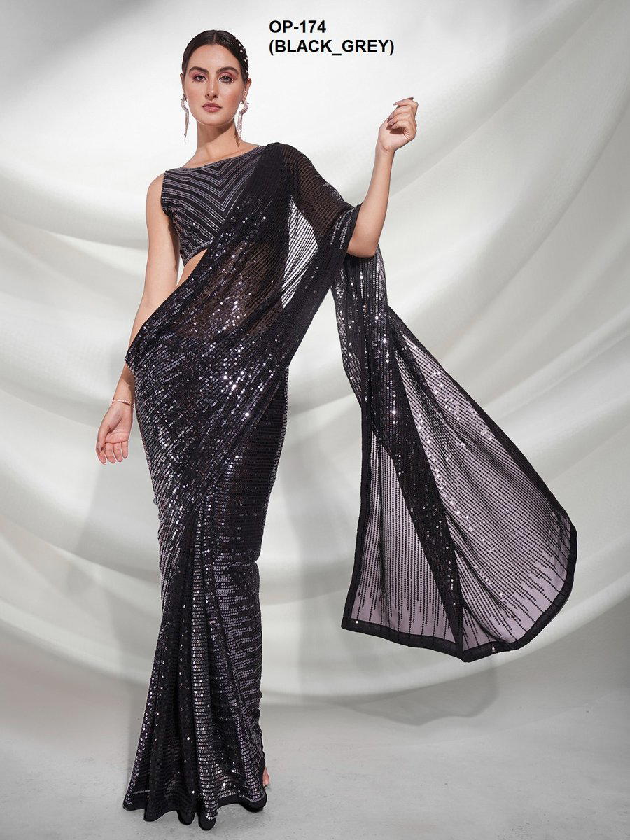 D.NO. OP 174(BLACK&GREY) BY LAXMINAM GEORGETTE SAREE MANUFACTURER IN INDIA 1