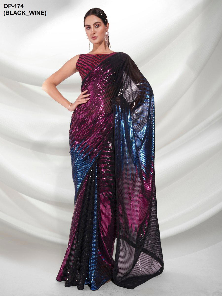 D.NO. OP 174(BLACK&WINE) BY LAXMINAM GEORGETTE SAREE WHOLESALER IN INDIA 1