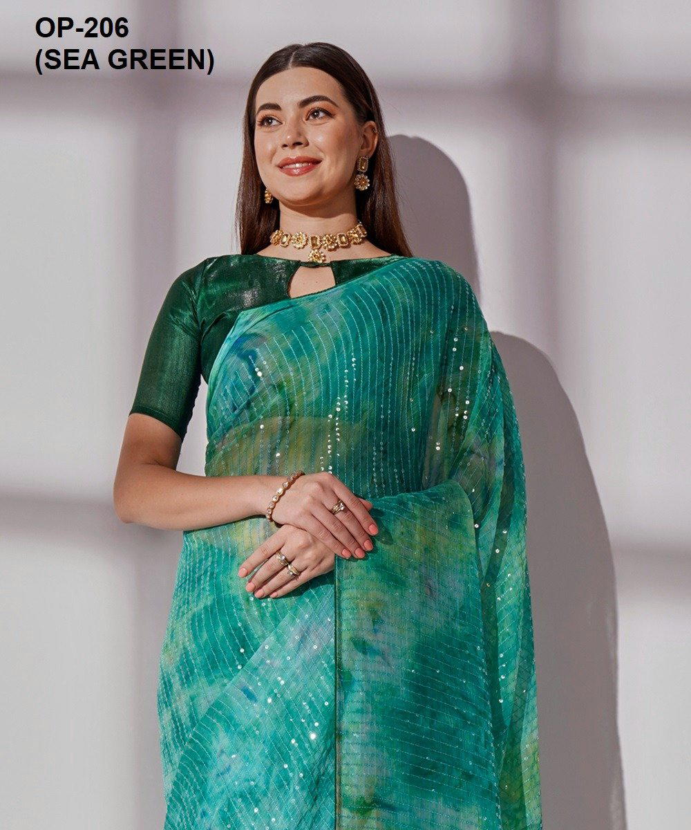 D.NO. OP 206 SEA GREEN BY LAXMINAM GEORGETTE SAREE WHOLESALER IN INDIA 1