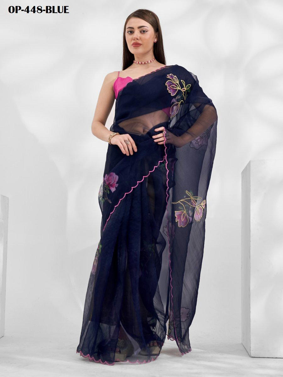 D.NO. OP 448 BLUE BY LAXMINAM ORGANZA SAREE MANUFACTURER IN INDIA 1