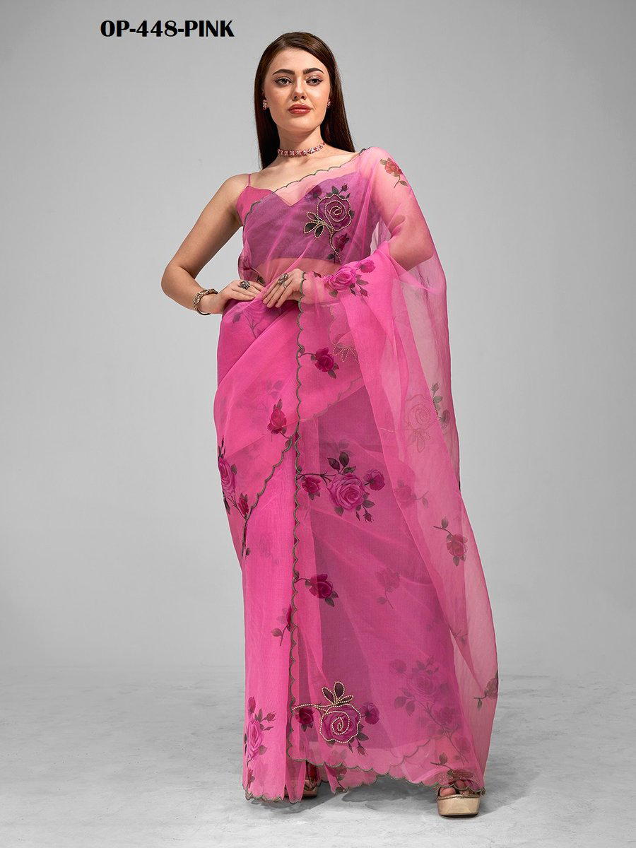 D.NO. OP 448 PINK BY LAXMINAM ORGANZA SAREE MANUFACTURER IN INDIA 1