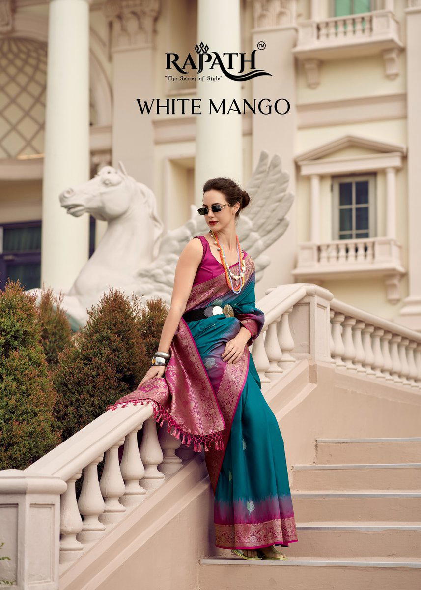 RAJPATH WHITE MANGO 660001 TO 660008 DESIGNER SOFT SILK SAREE WHOLESALER IN INDIA 1