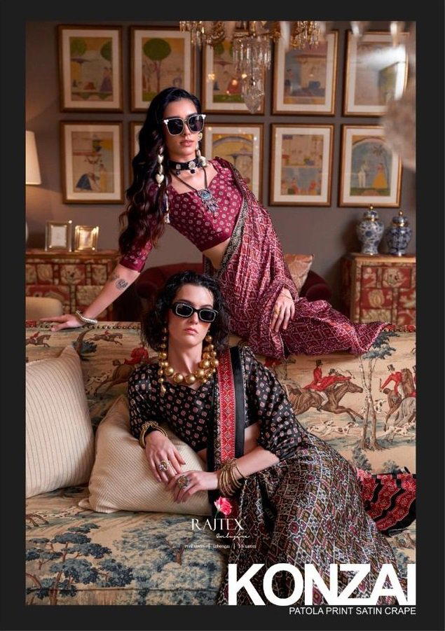 RAJTEX KONZAI 405001 TO 405010 DESIGNER PATOLA PRINTED SATIN CREPE SAREE WHOLESALER IN INDIA 1
