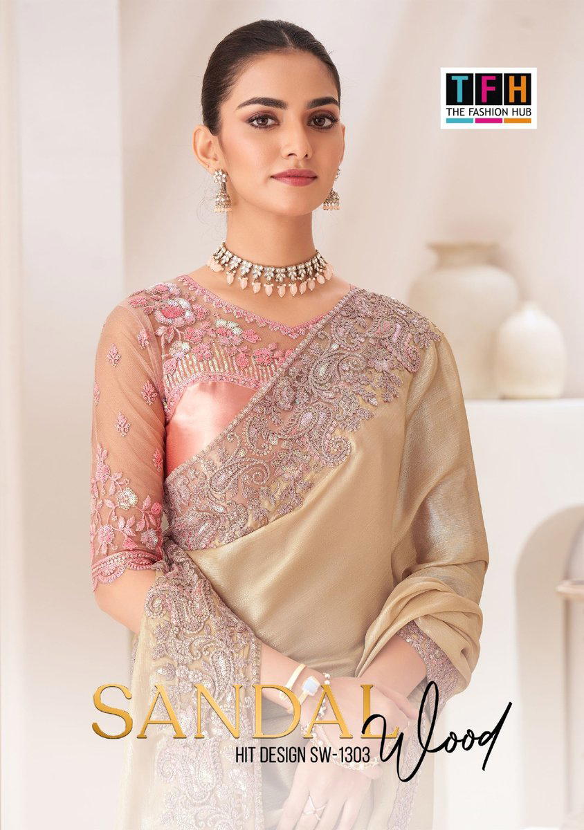 TFH SANDALWOOD 1303 COLOUR'S 1303A TO 1303F DESIGNER SARTIN CHIFFON SAREE WHOLESALER IN INDIA 1