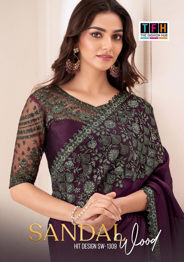 TFH SANDALWOOD 1309 COLOUR'S 1309A TO 1309F DESIGNER SATIN CHIFFON SAREE WHOLESALER IN INDIA