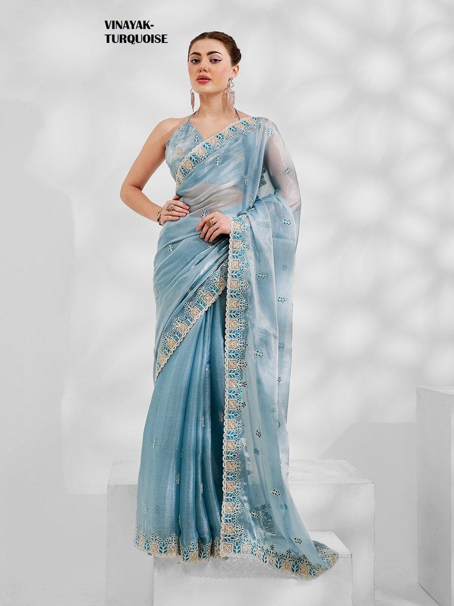 D.NO. VINAYAK TURQUOISE BY LAXMINAM CHIFFON SAREE MANUFACTURER IN INDIA 1