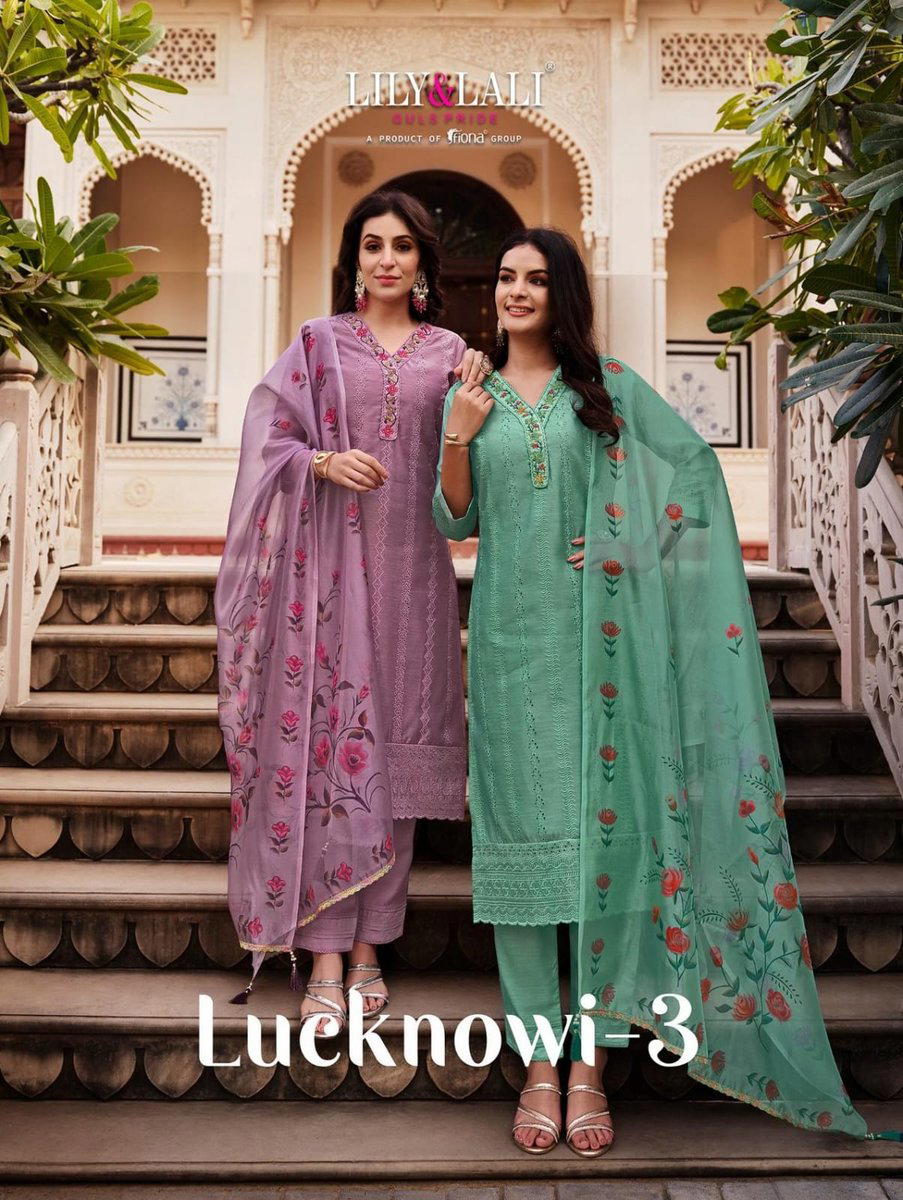 LUCKNOWI-3 BY LILLY STYLE OF INDIA ORGANZA PRINTED SALWAR KAMEEZ WHOLESALER IN INDIA 1