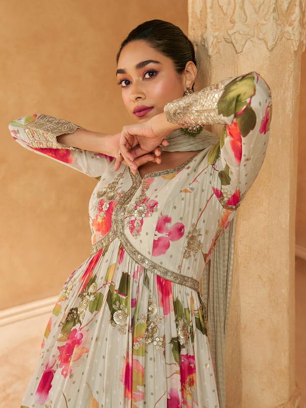 SAANJ BY SAYURI DESIGNER CHINON SILK GOWN WHOLESALER IN INDIA