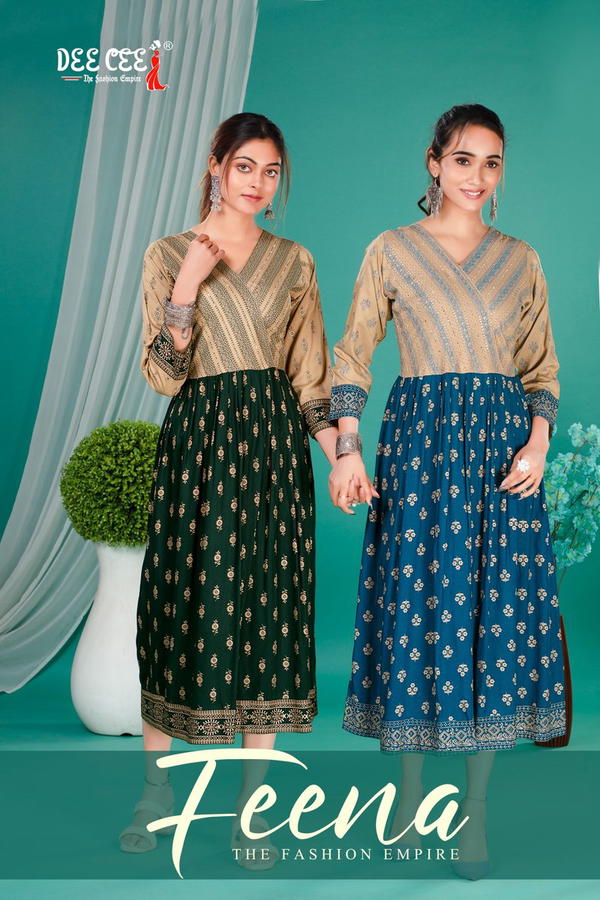 FEENA BY DEECEE DESIGNER RAYON PLAIN LONG KURTI WHOLESALER IN INDIA