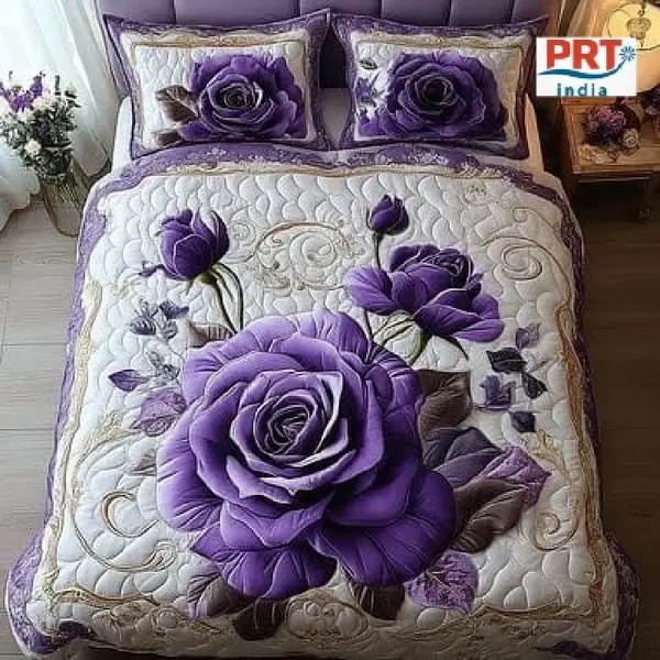 King Size Bedsheet | 108×108 Inch | 2 Pillow Covers + Free Big Bath Towel | Faux Quilting Effect Digital Printed