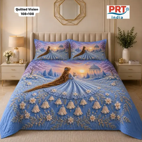King Size Bedsheet | 108×108 Inch | 2 Pillow Covers + Free Big Bath Towel | Faux Quilting Effect Digital Printed
