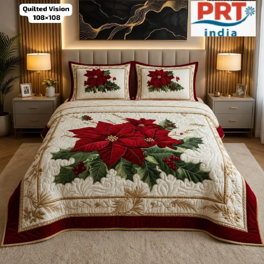 King Size Bedsheet | 108×108 Inch | 2 Pillow Covers + Free Big Bath Towel | Faux Quilting Effect Digital Printed 1