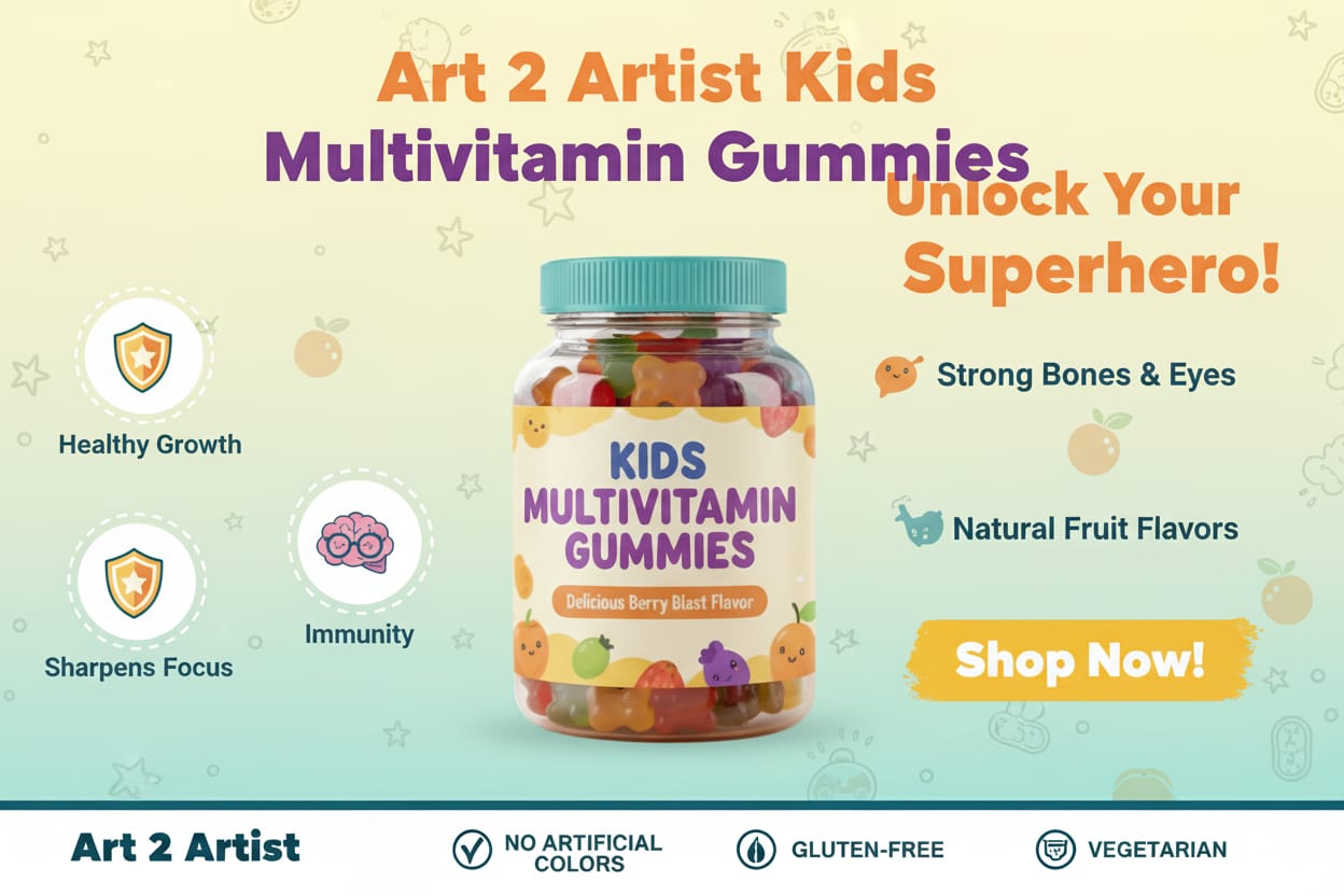 Art2artist Multivitamin Gummies for Kids | 2-6 Years | 30 Gummies | With 11 Vitamins & Minerals | Improves Immunity, Bone health & Antibody Production | No Added Sugar | Orange Flavour 57% off 1