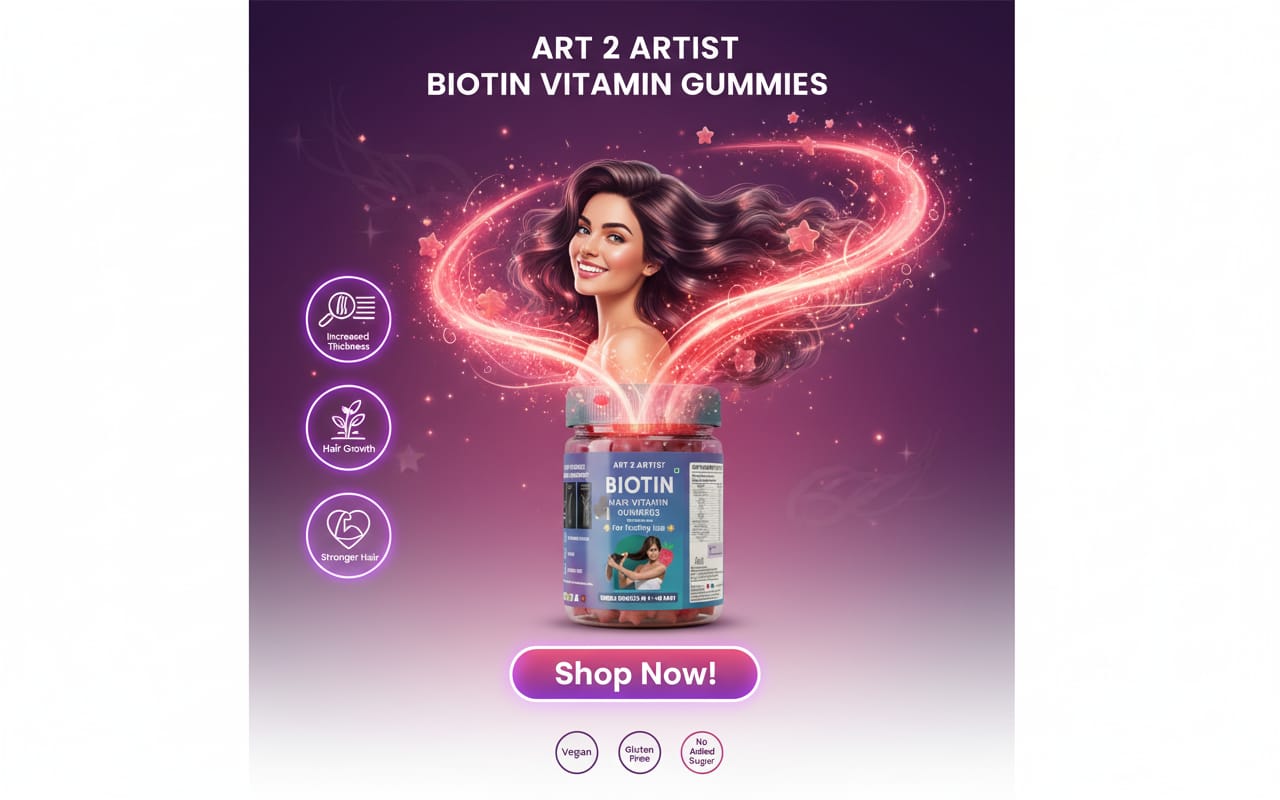 Art2artist gummiesBiotin Hair Gummies For Women, Men | No Added Sugar | For Healthy Hair Growth & Strong Nails | Mixed Fruit Flavor Veg Gummy Supplement - 30 Count (Pack of 1) 3