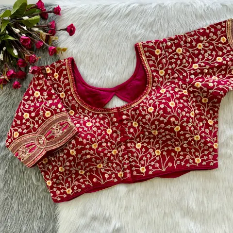 Timo Silk Heavy Floral Embroidered Blouse with Stylish Back Cutwork