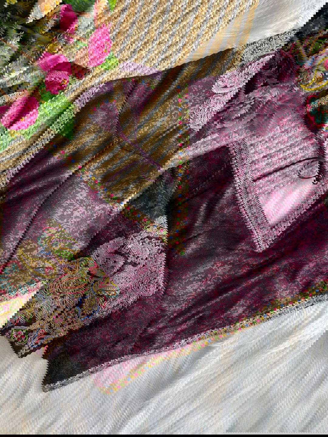 Premium Embossed Silk Blouse with Border Lace Finish 1