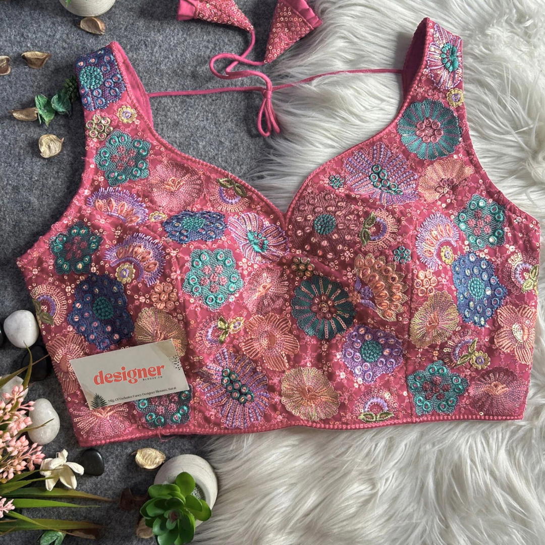 Premium Georgette Floral Multi-Thread Sequin Work Sleeveless Blouse 1