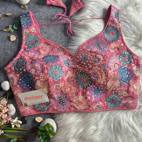 Premium Georgette Floral Multi-Thread Sequin Work Sleeveless Blouse