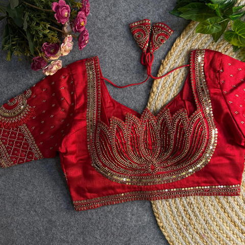 Lotus Design Italian Silk Blouse with Heavy Beads and Sequence Work