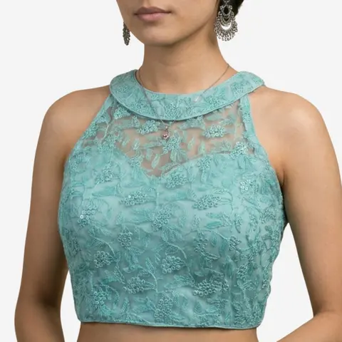Halter Neck Heavy Thread Work Net Sleeveless Blouse