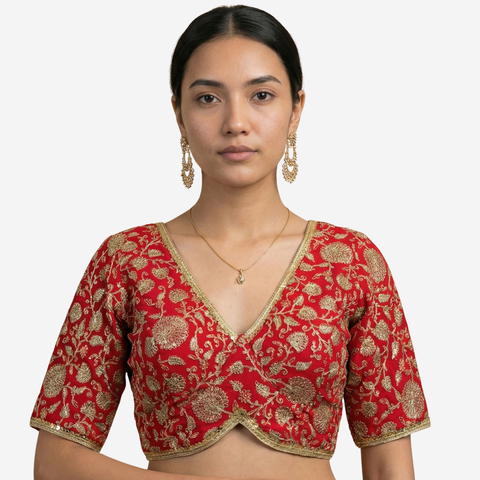 Deep V-Neck Thread Embroidered Blouse with Lace Border