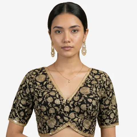 Deep V-Neck Thread Embroidered Blouse with Lace Border