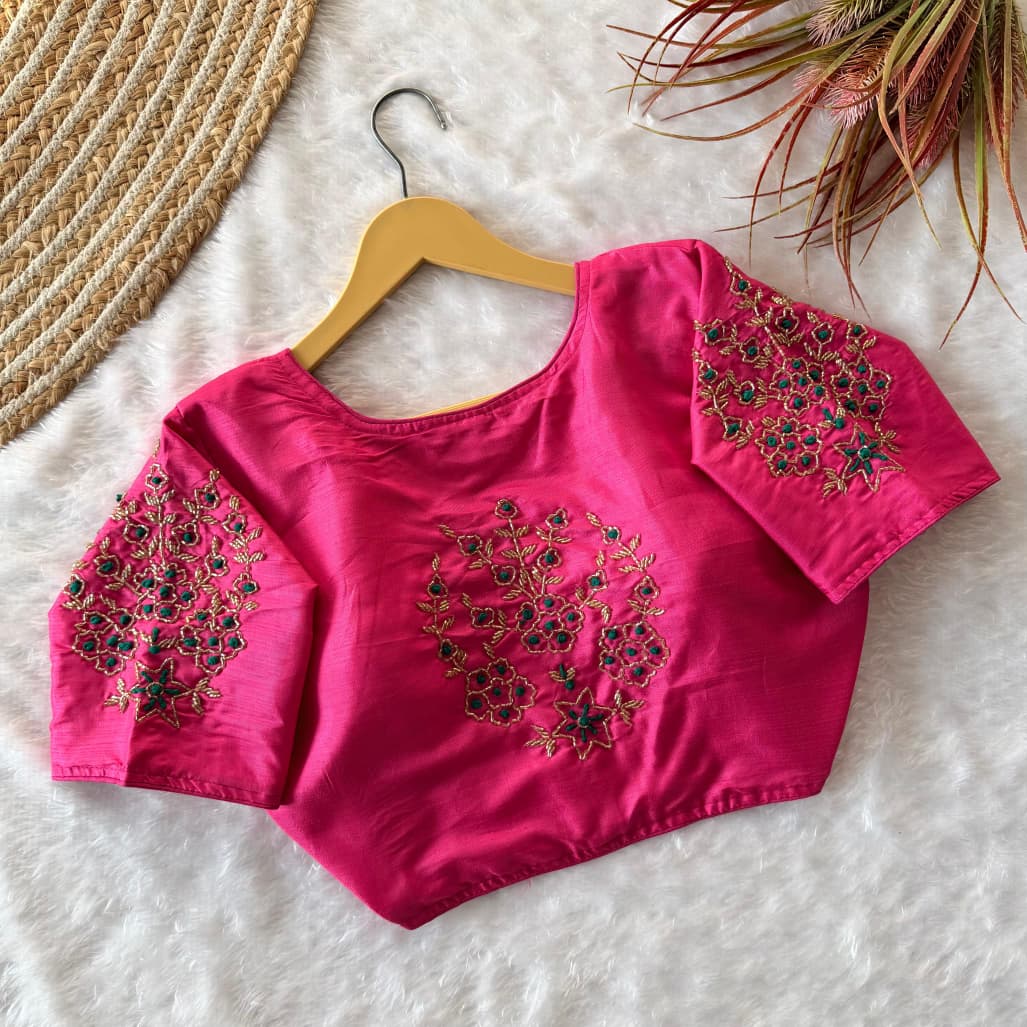 Soft Pista Silk Floral Handwork Blouse 1