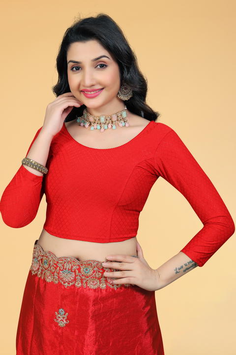 Round Neck Dobby Cotton Lycra Stretchable Elbow Sleeve Readymade Saree Blouse for Women Stylish