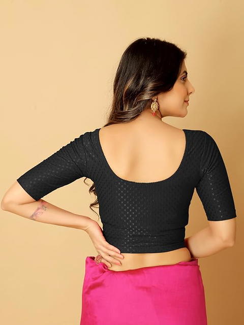 Round Neck Dobby Cotton Lycra Stretchable Elbow Half Sleeve Readymade Saree Blouse for Women Stylish